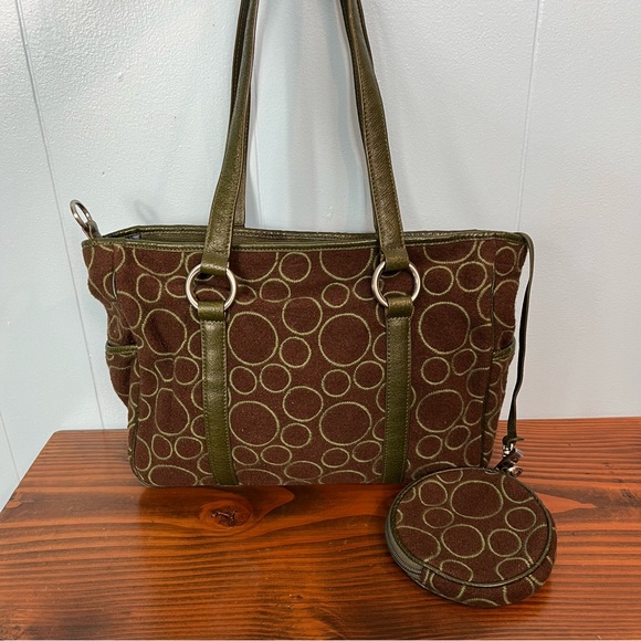 TUMI Wool Leather Trim Tote Shoulder Bag and Wallet Brown Green 13"x9.5" Circles - Picture 3 of 16
